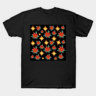 Christmas Red Flower Poinsetta and Yellow Stars Pattern T-Shirt